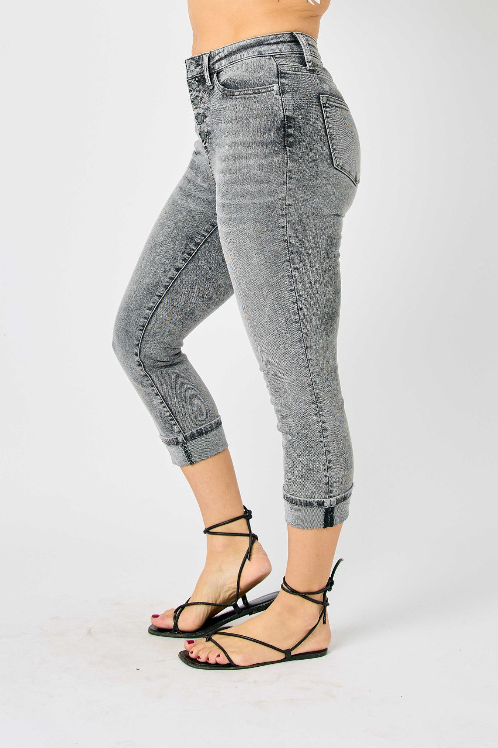 Judy Blue Full Size Button Fly High Waist Cuffed Capris Jeans *