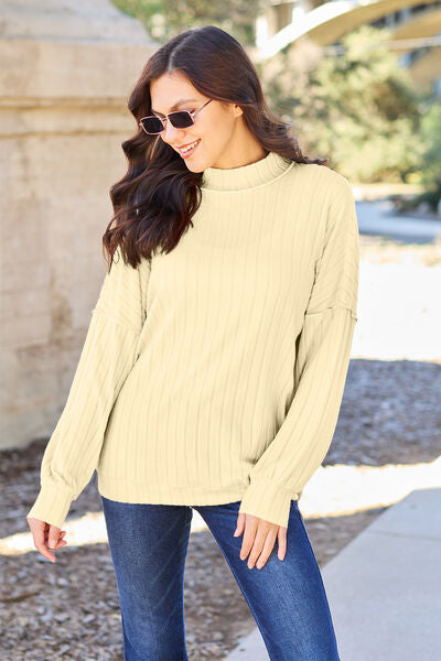 Basic Bae Full Size Ribbed Exposed Seam Mock Neck Knit Top *