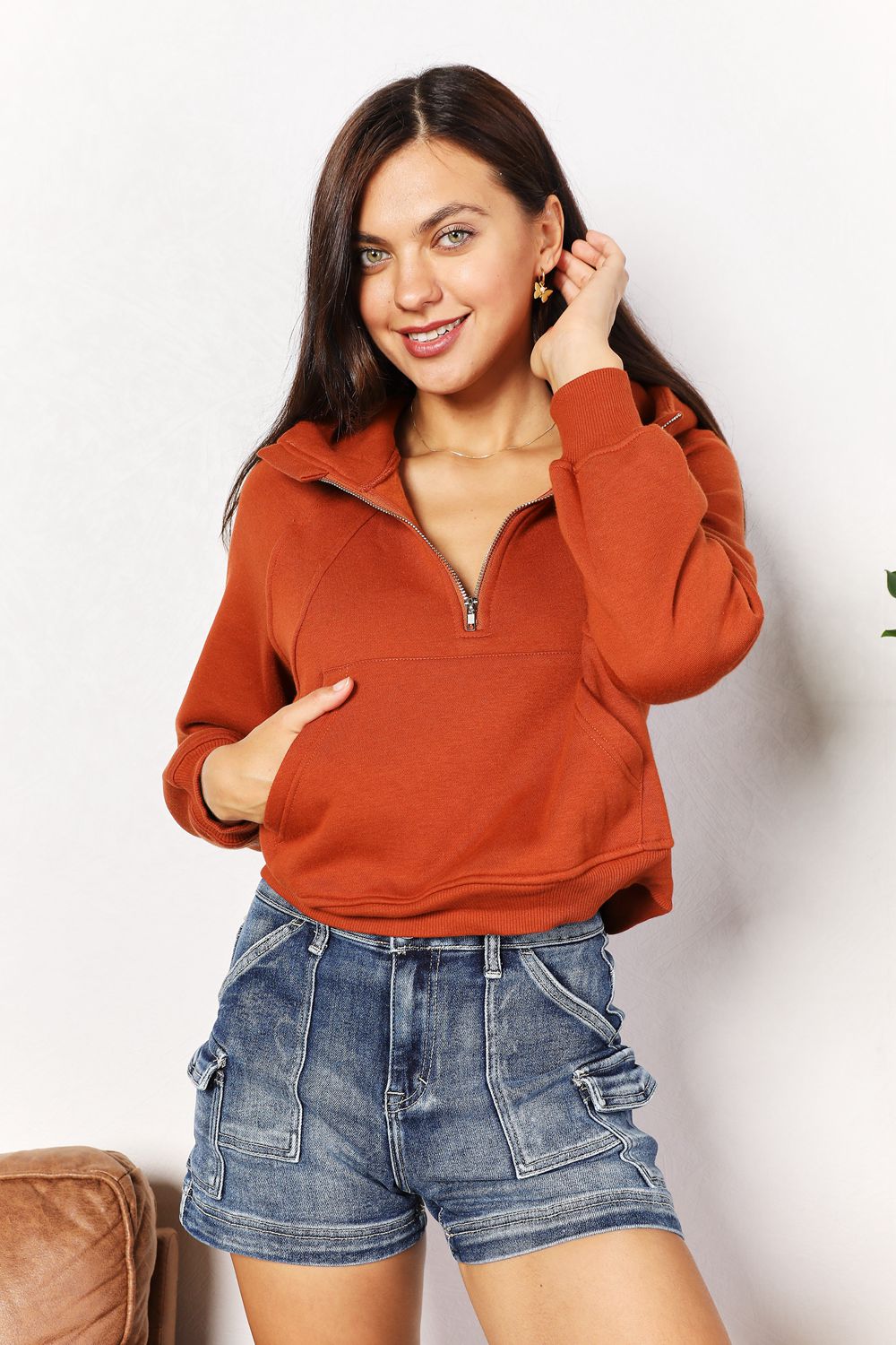 Double Take Half-Zip Long Sleeve Hoodie *