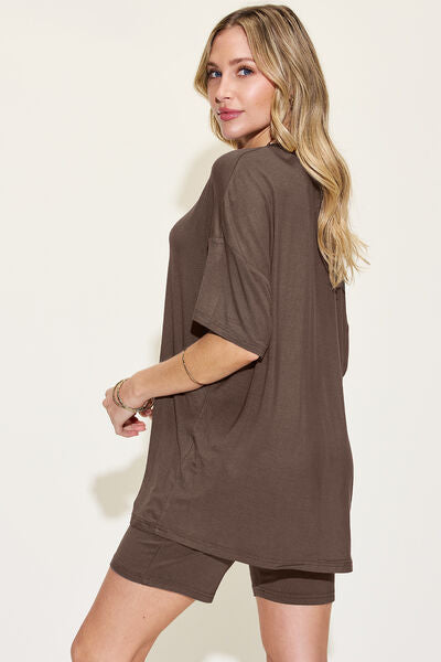 Basic Bae Full Size V-Neck Drop Shoulder Short Sleeve T-Shirt and Shorts Set *