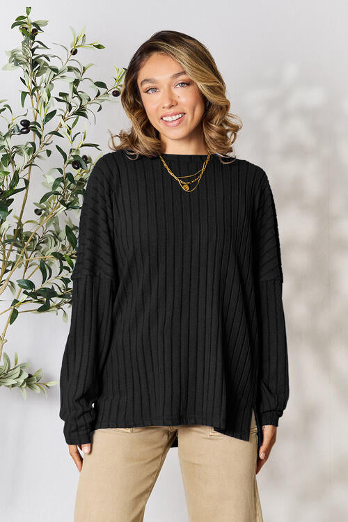 Basic Bae Full Size Ribbed Round Neck Slit Long Sleeve T-Shirt *