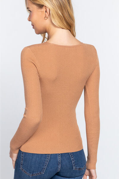 ACTIVE BASIC V-Neck Fitted Viscose Rib Knit Top *