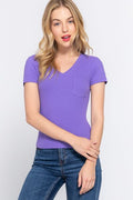 ACTIVE BASIC V-Neck Ribbed Short Sleeve Knit T-Shirt *