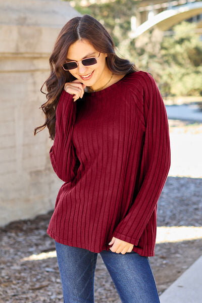Basic Bae Full Size Ribbed Round Neck Long Sleeve Knit Top *