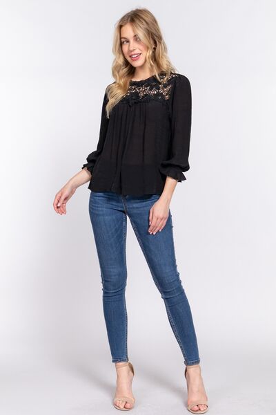ACTIVE BASIC Crochet Lace Panel Flounce Sleeve Blouse *