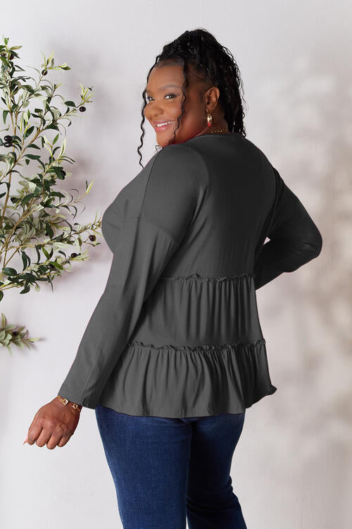 Double Take Half Button Long Sleeve Ruffle Hem Blouse *