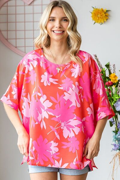 First Love Slit Printed Round Neck Half Sleeve Blouse *