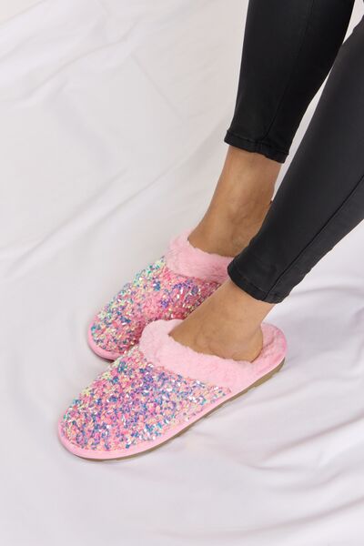 Forever Link Pink Sequin Plush Round Toe Slippers *