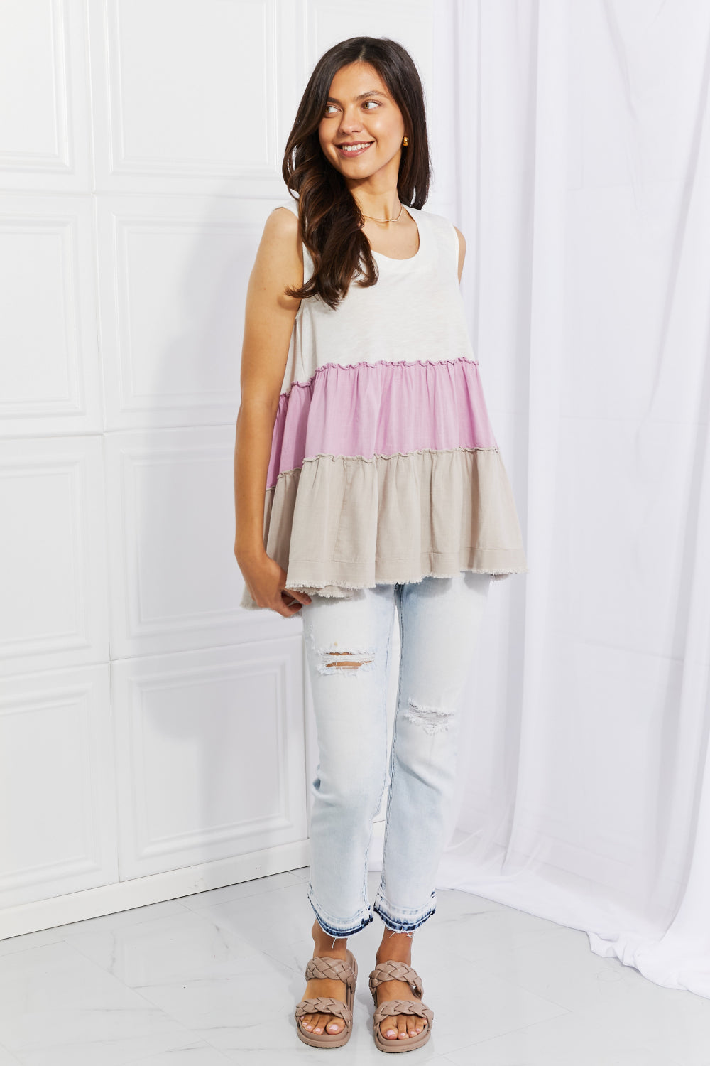 White Birch Full Size Watching the Sunset Color Block Baby doll Tank Top *