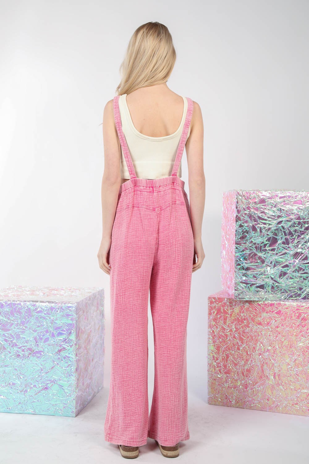 VERY J Texture Washed Wide Leg Overalls *