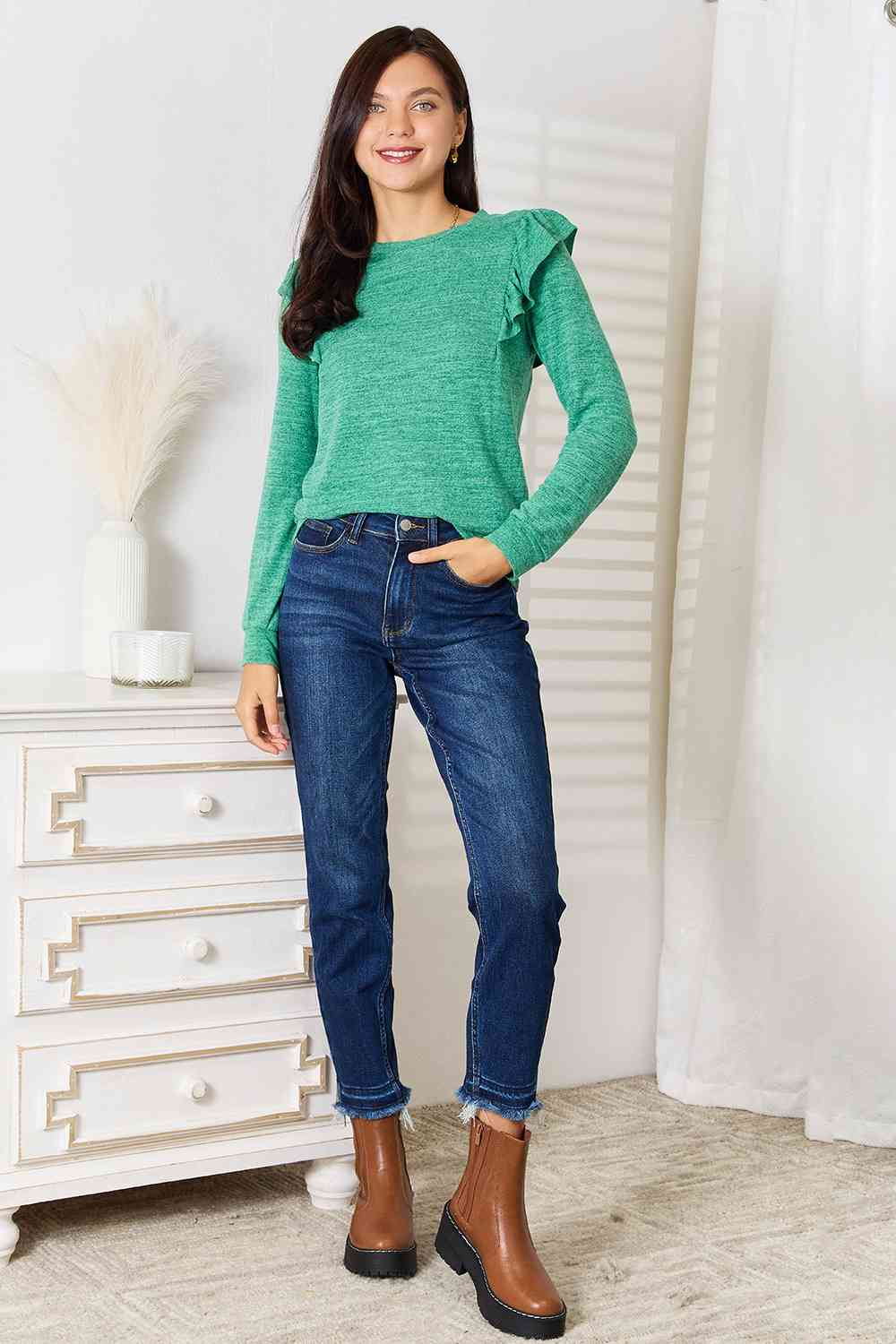 Double Take Ruffle Shoulder Long Sleeve T-Shirt *