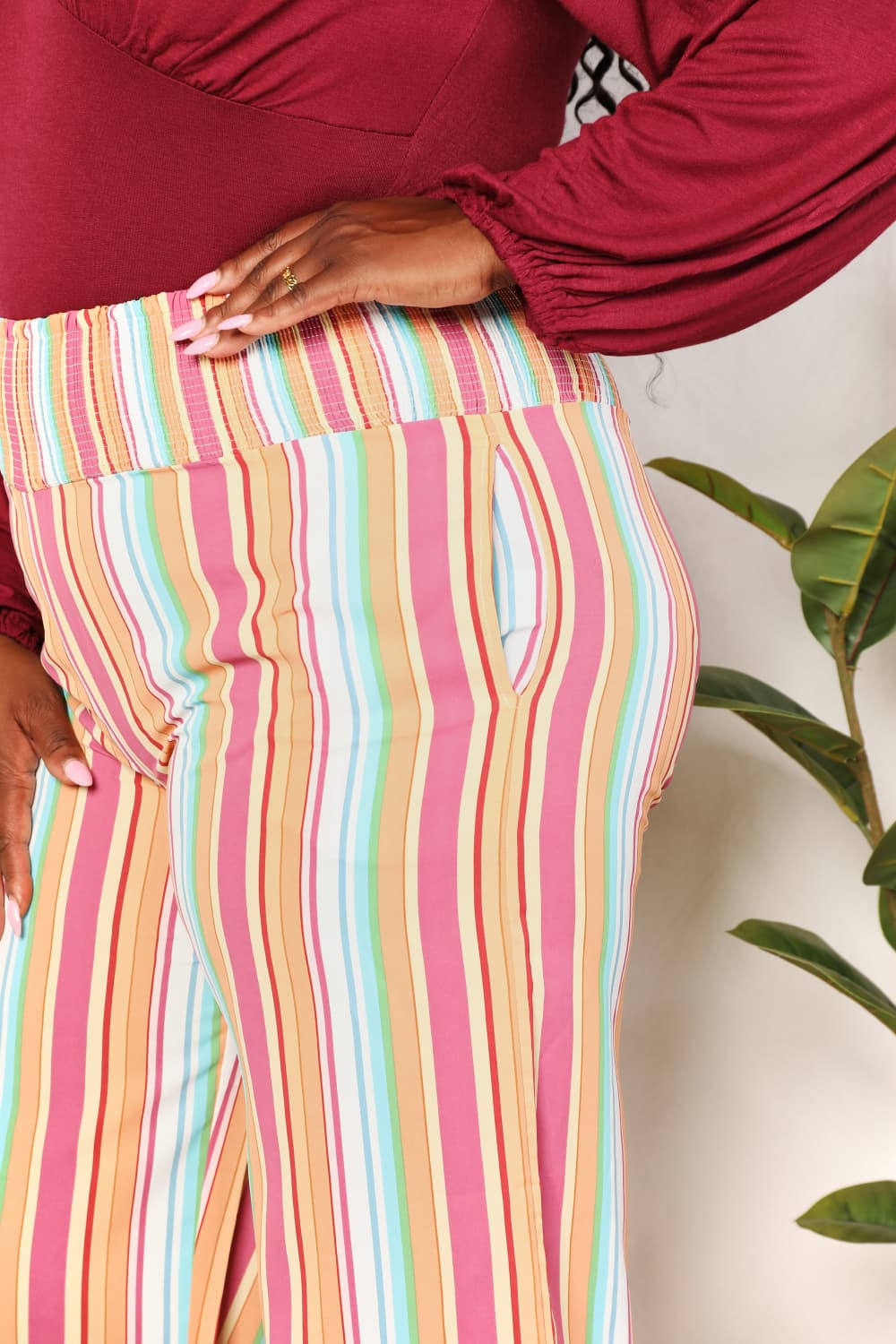 Double Take Striped Smocked Waist Pants with Pockets *