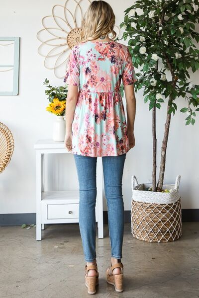 Heimish Full Size Floral V-Neck Short Sleeve Babydoll Blouse *
