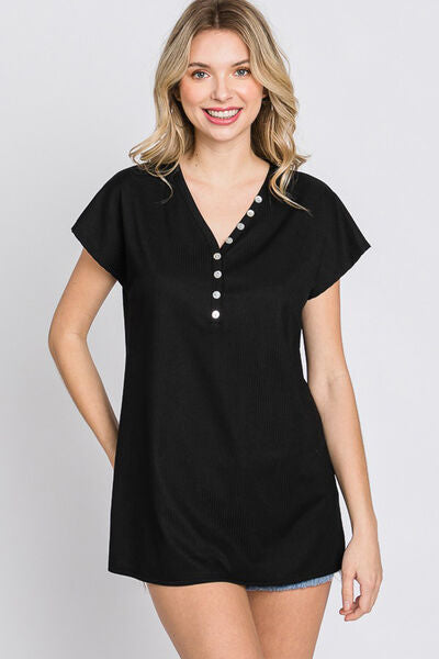 Heimish Full Size Front Button V-Neck Short Sleeve T-Shirt *