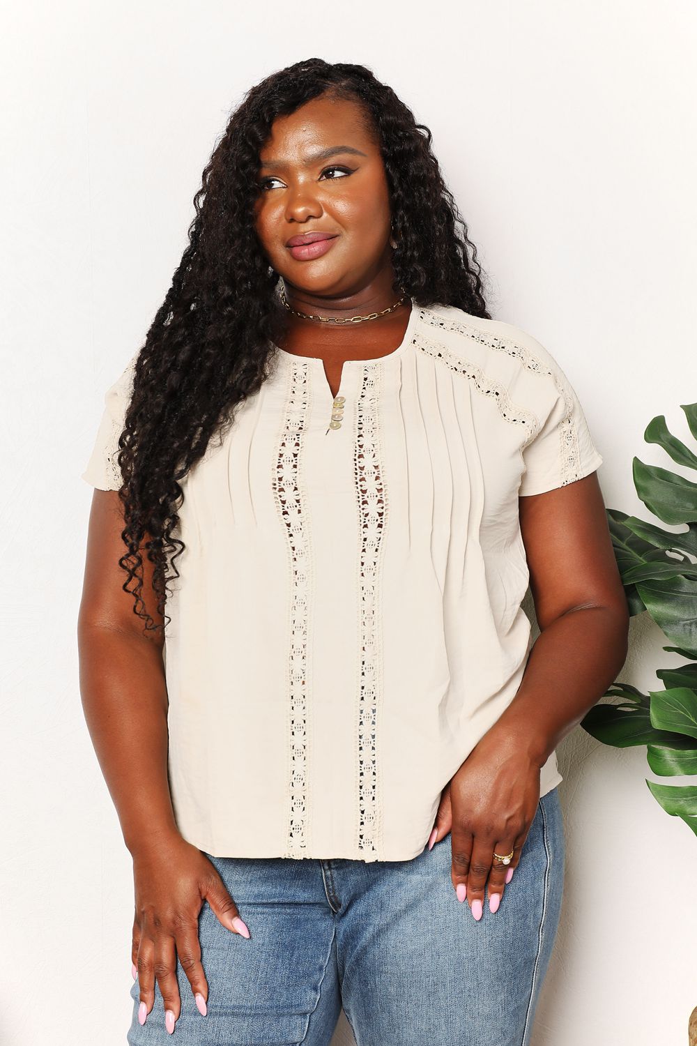 Double Take Pastel Yellow Full Size Crochet Buttoned Short Sleeves Top *