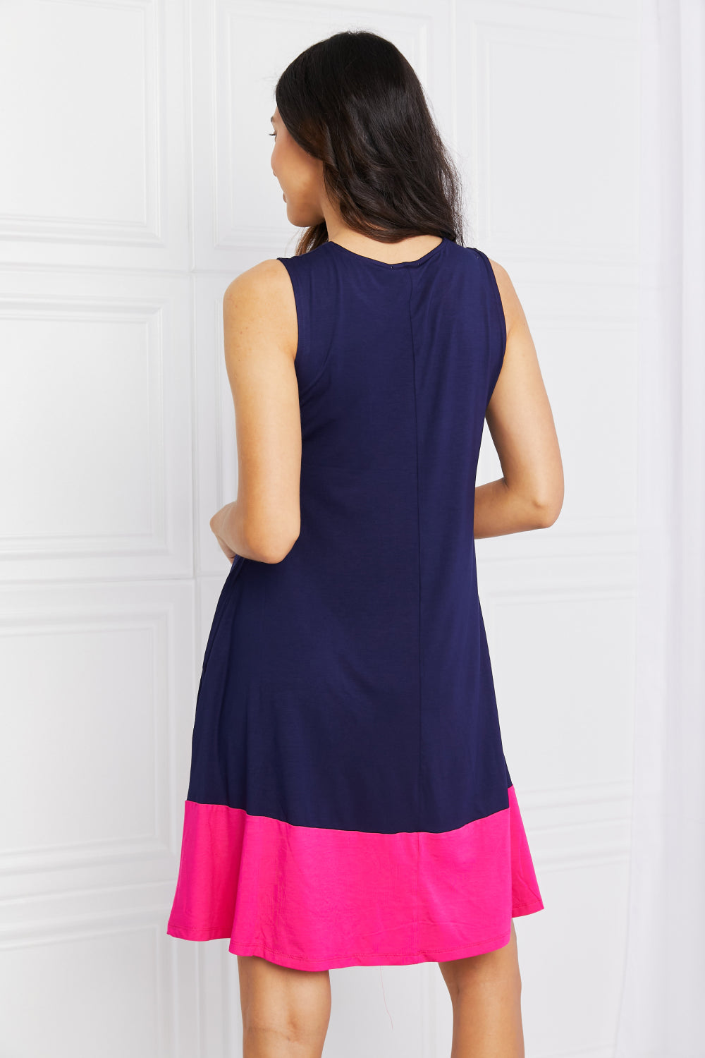 Yelete Full Size Two-Tone Sleeveless Mini Dress with Pockets *
