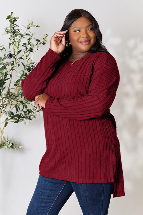Basic Bae Full Size Ribbed Round Neck Long Sleeve Slit Top *