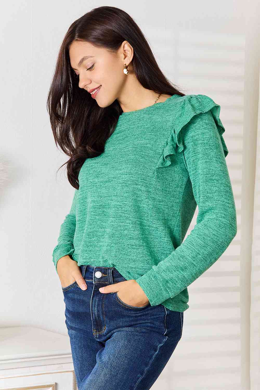 Double Take Ruffle Shoulder Long Sleeve T-Shirt *