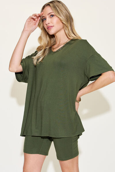 Basic Bae Full Size V-Neck Drop Shoulder Short Sleeve T-Shirt and Shorts Set *