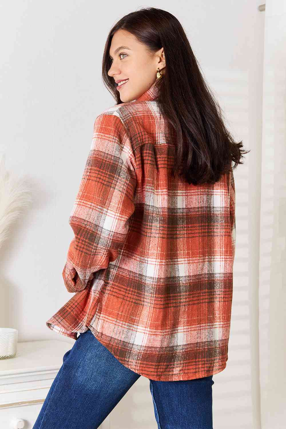 Double Take Plaid Collared Neck Long Sleeve Shirt *