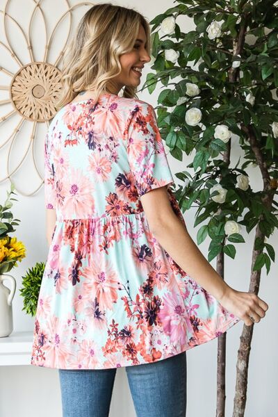 Heimish Full Size Floral V-Neck Short Sleeve Babydoll Blouse *
