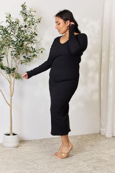 Culture Code Full Size Ribbed Long Sleeve Midi Slit Dress *