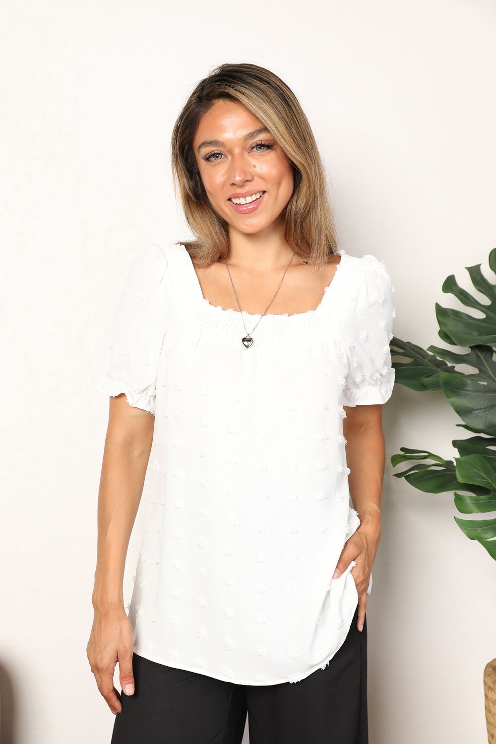 Double Take Full Size White Swiss Dot Puff Sleeve Square Neck Blouse *