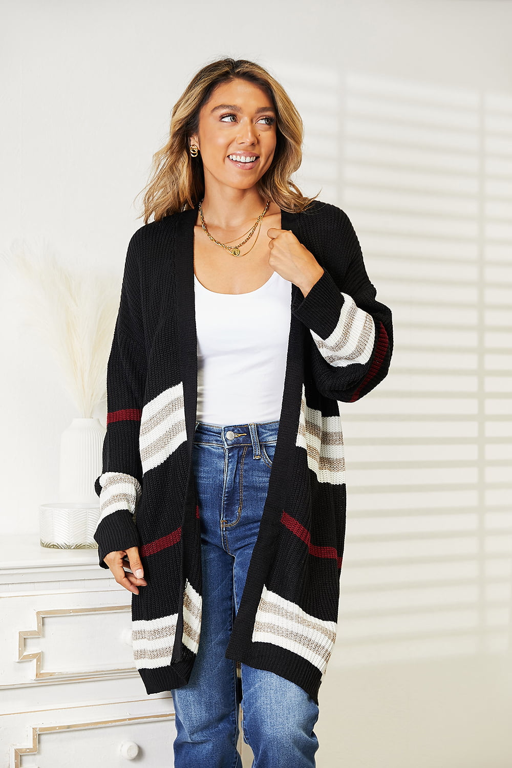 Double Take Striped Rib-Knit Drop Shoulder Open Front Black Cardigan *