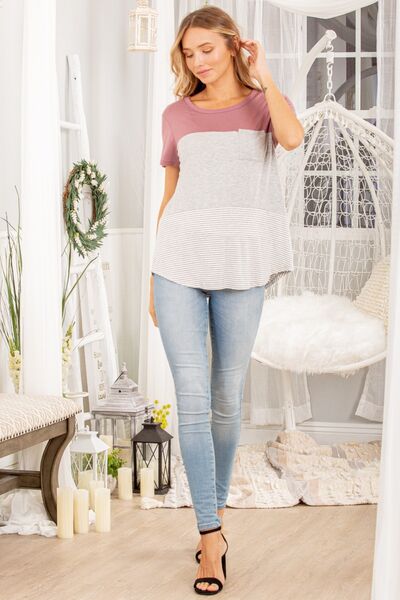 Heimish Color Block Striped Round Neck Short Sleeve T-Shirt *