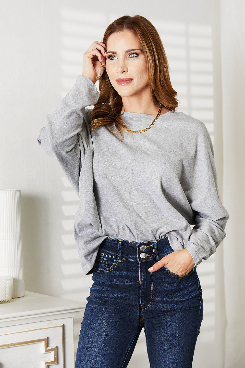 Double Take Light Gray Full Size Seam Detail Round Neck Long Sleeve Top *