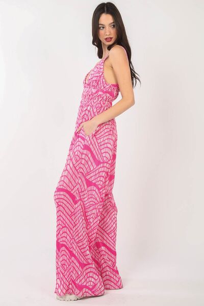 VERY J Printed Pleated Sleeveless Wide Leg Jumpsuit *
