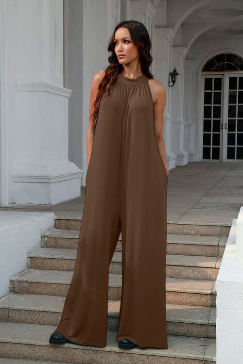 Double Take Full Size Tie Back Cutout Sleeveless Jumpsuit *