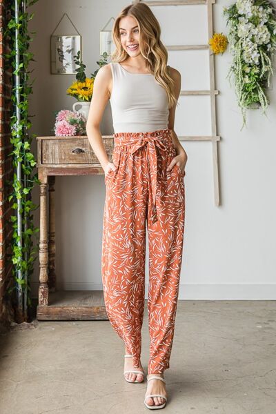 Heimish Full Size Printed Tied Straight Casual Pants *
