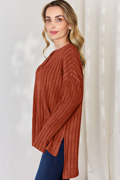 Basic Bae Full Size Ribbed Half Button Long Sleeve High-Low T-Shirt *