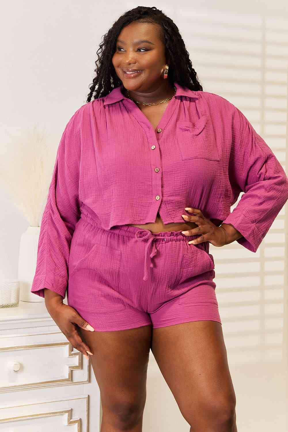 Basic Bae Buttoned Long Sleeve Top and Shorts Set *