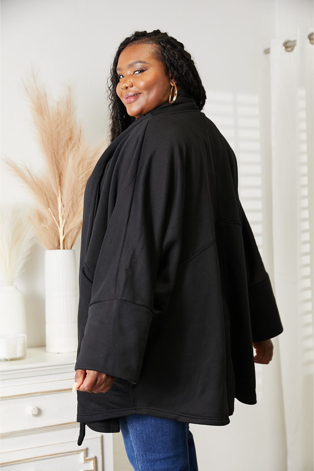HEYSON Full Size Open Front Black Cardigan with Scarf Design *