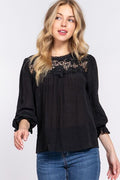 ACTIVE BASIC Crochet Lace Panel Flounce Sleeve Blouse *
