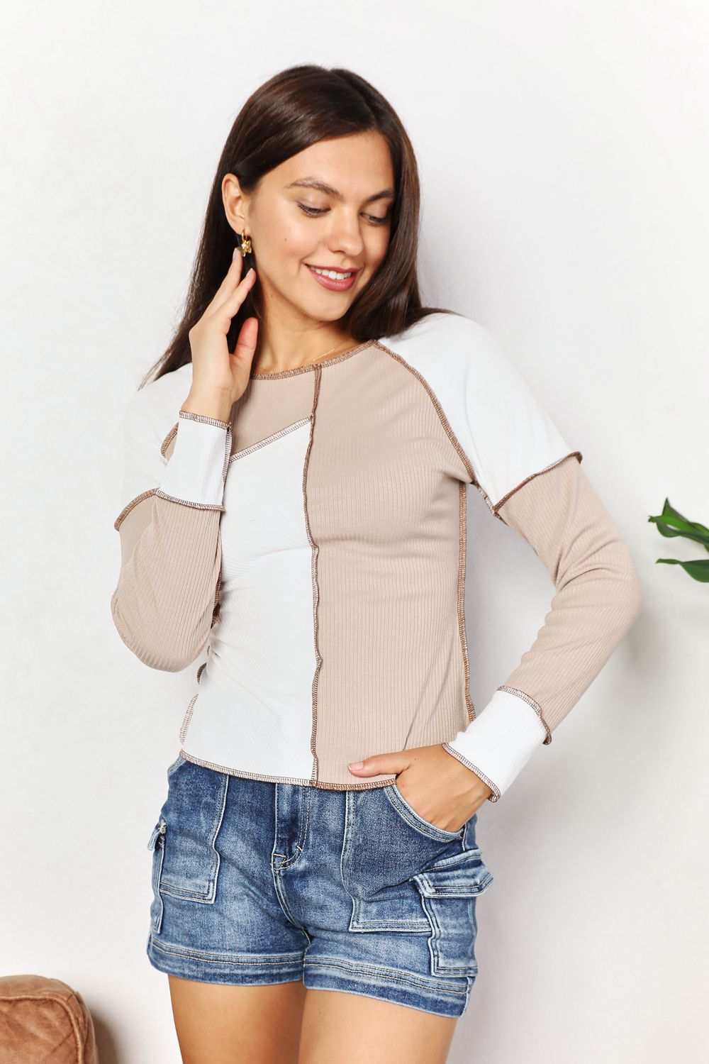 Double Take Khaki Color Block Exposed Seam Top *