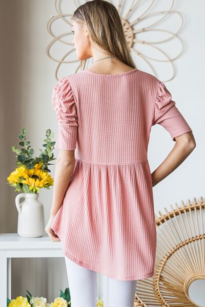 Heimish Full Size Waffle Knit V-Neck Babydoll Top *