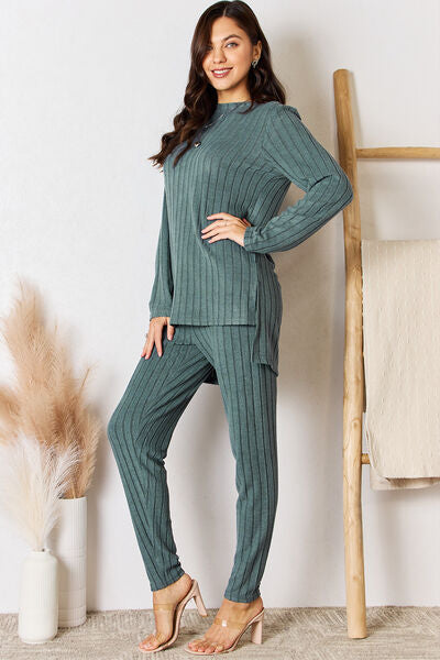 Basic Bae Full Size Ribbed Round Neck High-Low Slit Top and Pants Set *