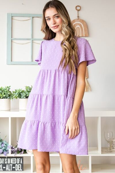 Heimish Full Size Swiss Dot Short Sleeve Tiered Dress *