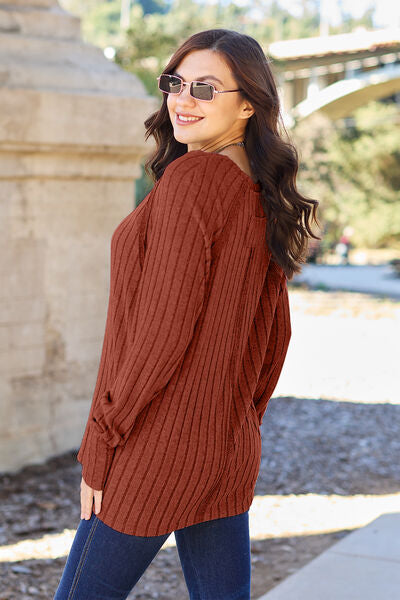 Basic Bae Full Size Ribbed Round Neck Long Sleeve Knit Top *