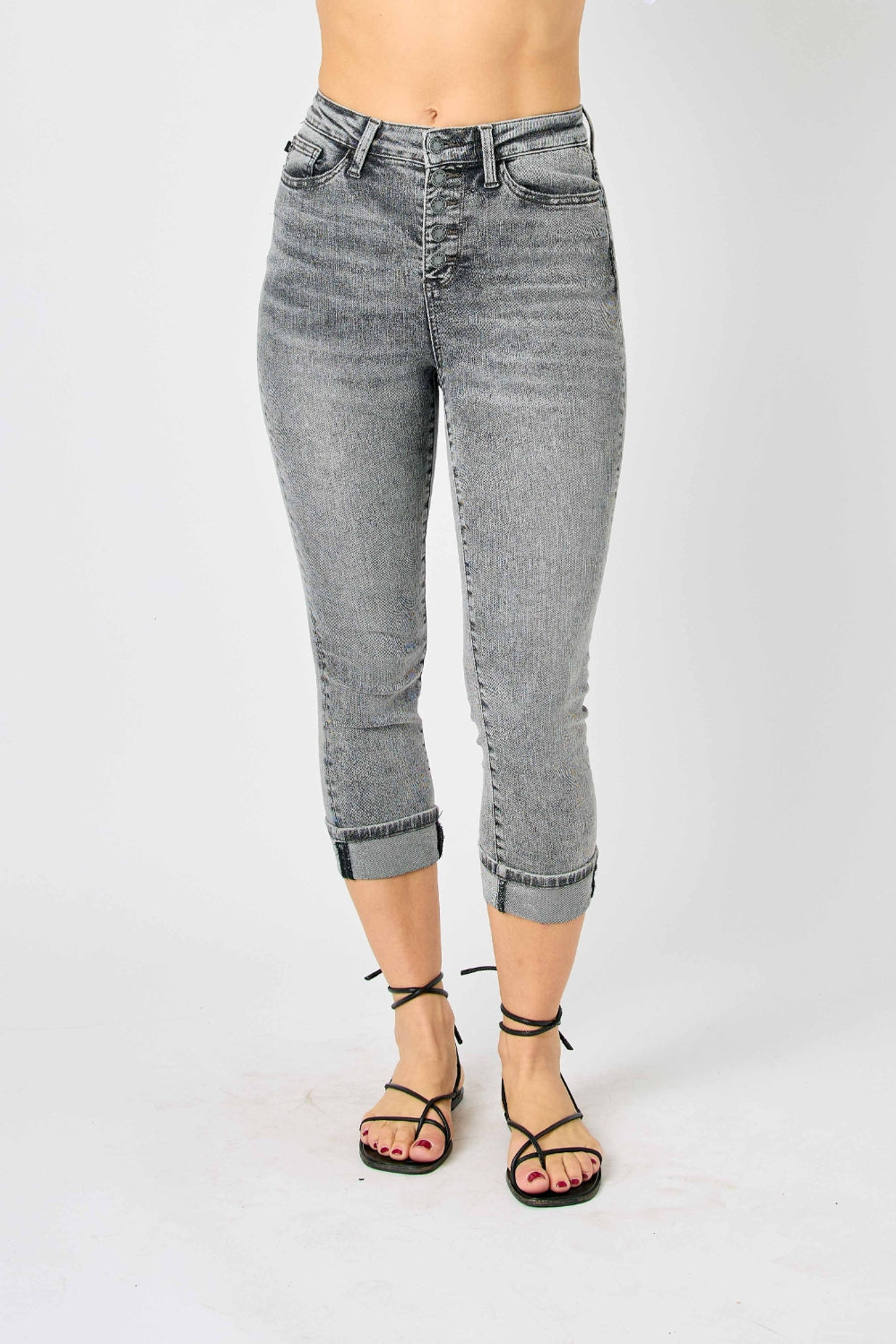 Judy Blue Full Size Button Fly High Waist Cuffed Capris Jeans *