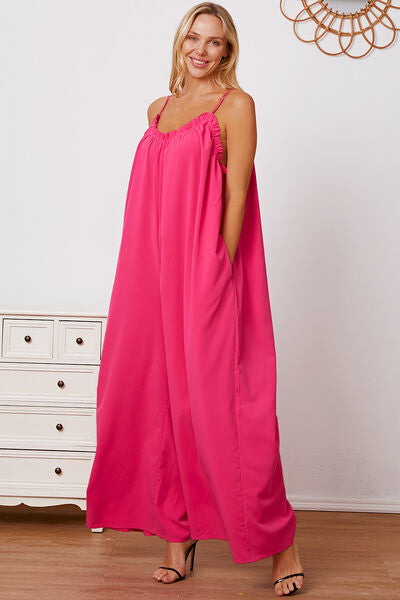 Double Take Full Size Ruffle Trim Tie Back Cami Jumpsuit with Pockets *