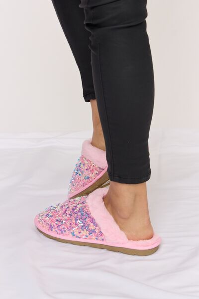 Forever Link Pink Sequin Plush Round Toe Slippers *