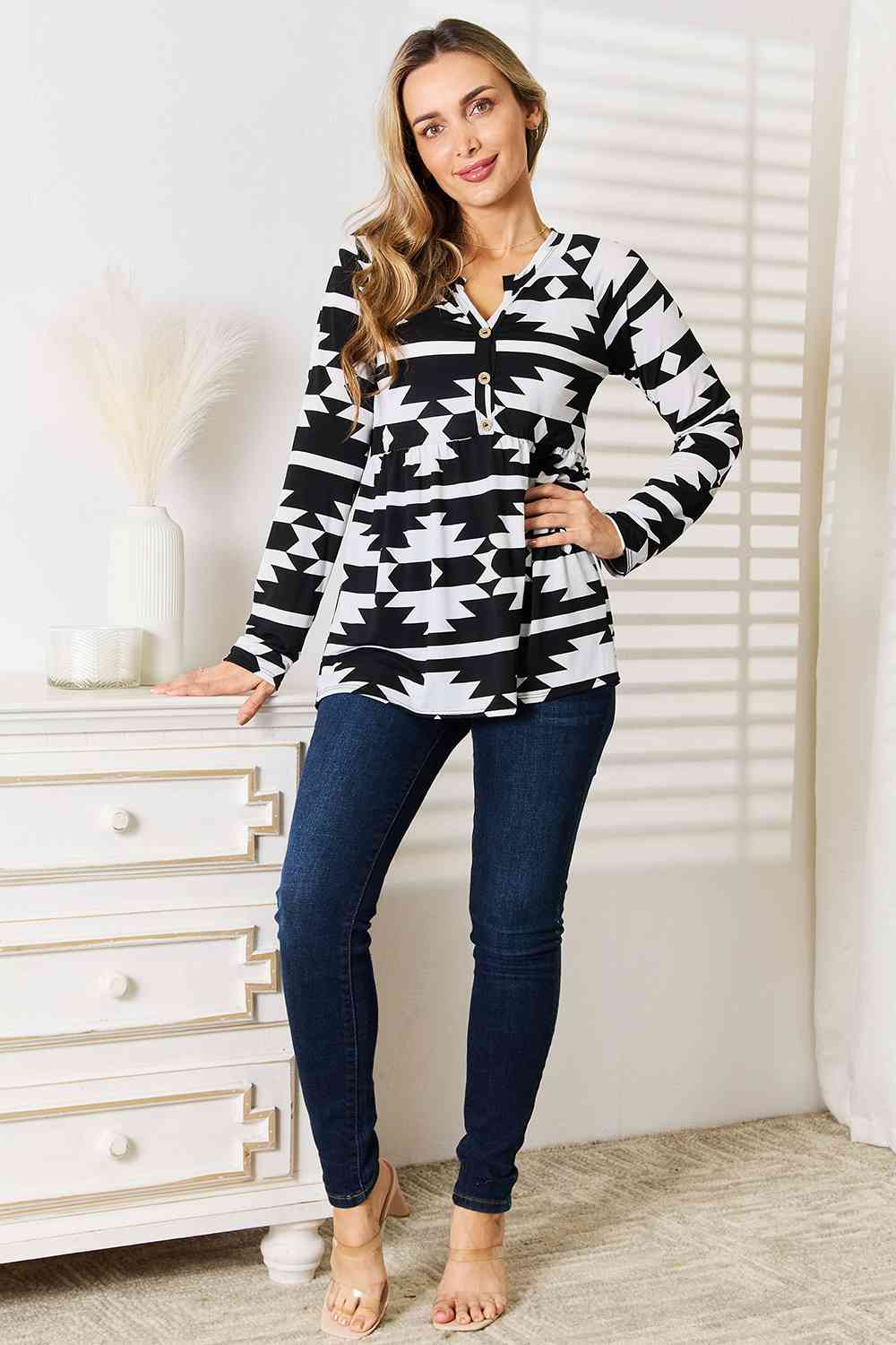 Heimish Full Size Geometric Notched Neck Long Sleeve Top *