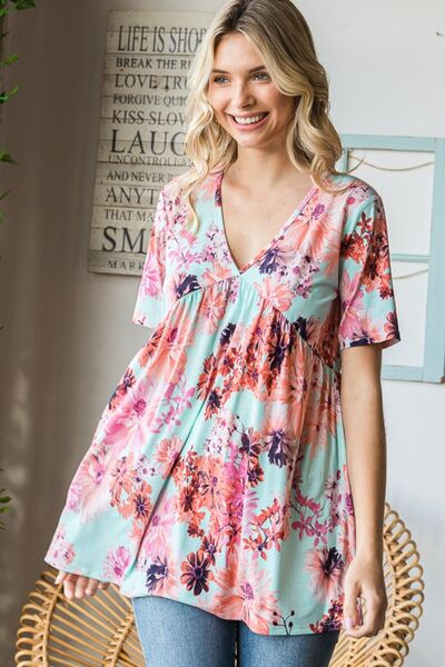 Heimish Full Size Floral V-Neck Short Sleeve Babydoll Blouse *