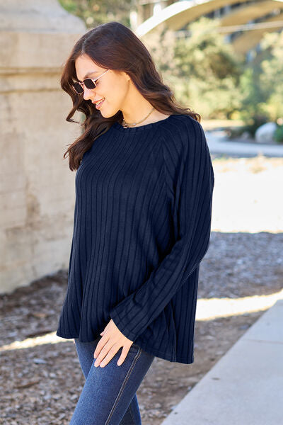 Basic Bae Full Size Ribbed Round Neck Long Sleeve Knit Top *