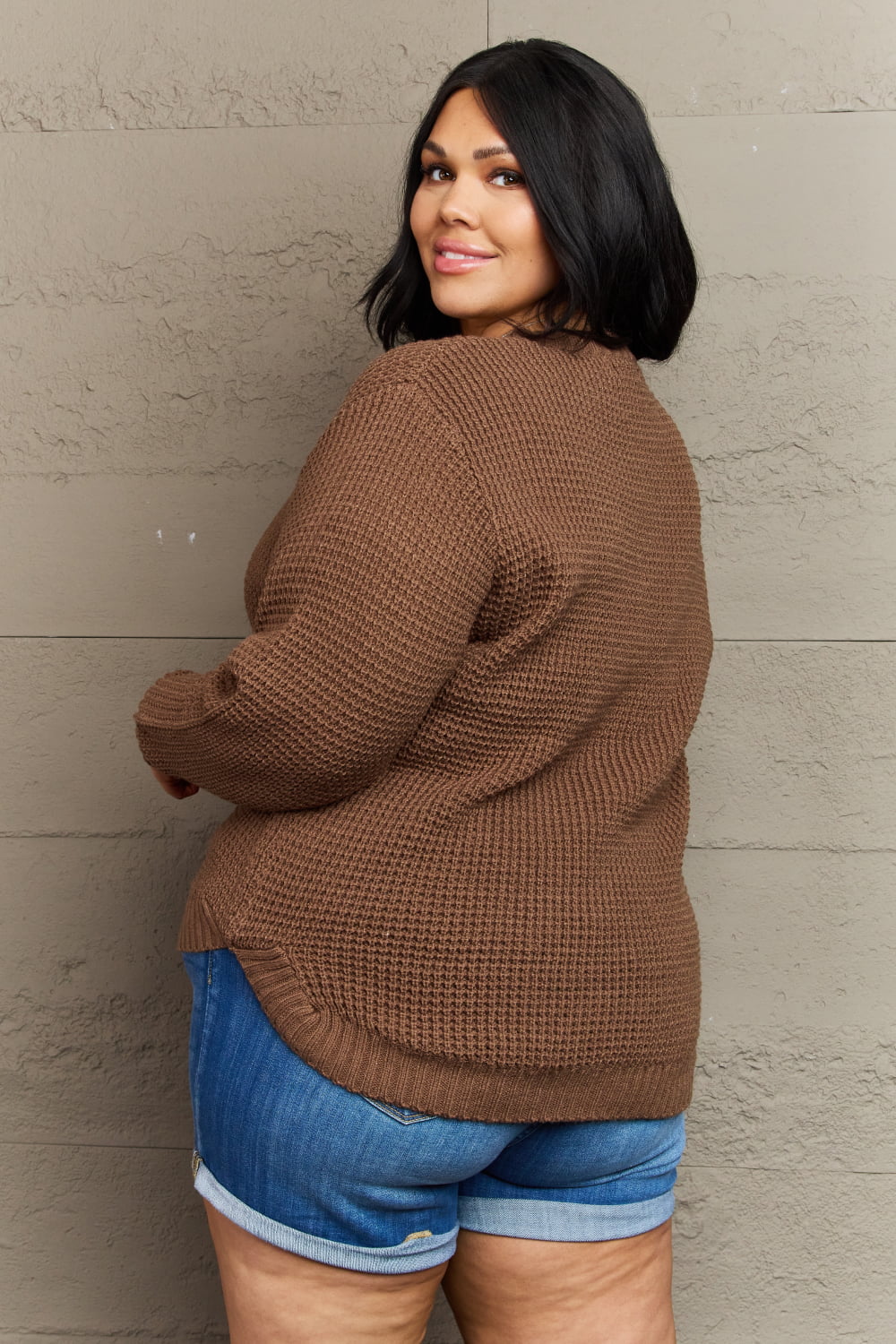 Zenana Breezy Days Plus Size High Low Waffle Knit Sweater *