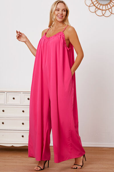 Double Take Full Size Ruffle Trim Tie Back Cami Jumpsuit with Pockets *
